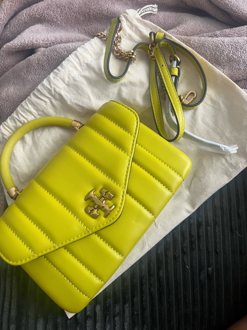 Brand New Tory Burch Kira Quilted Mini Top-Handle Crossbody in Island Chartreuse